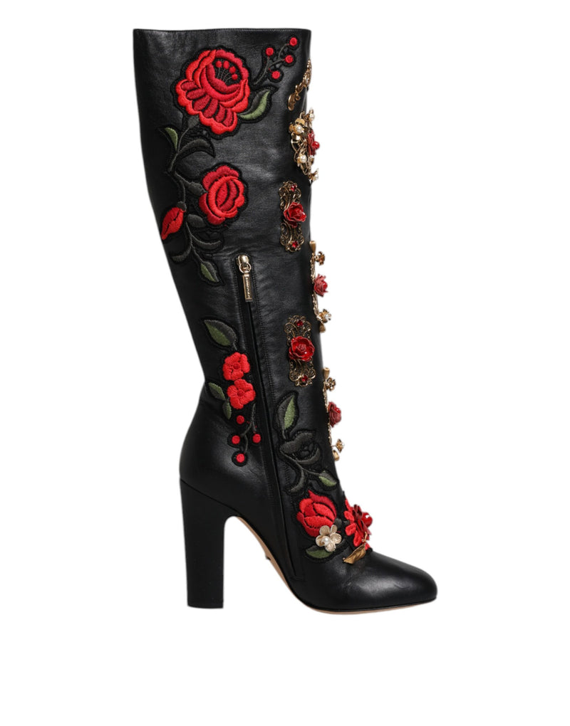 Dolce & Gabbana Black Roses Embellished Leather Heel Boots