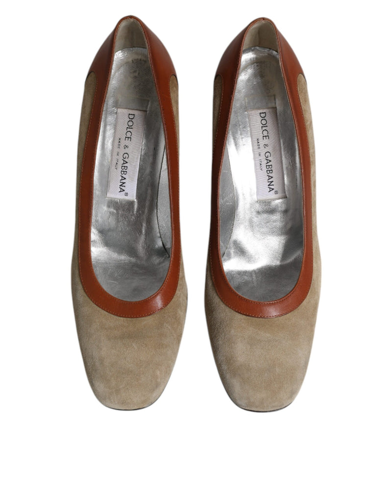 Dolce & Gabbana Beige Brown Leather Block Heels Pumps