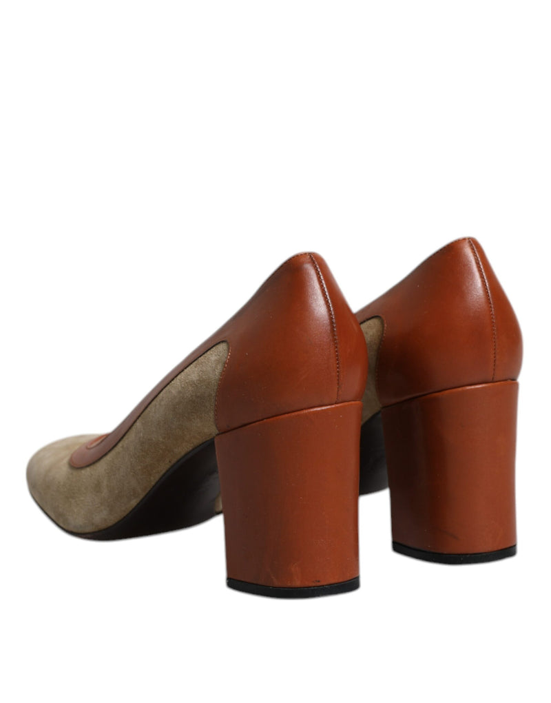 Dolce & Gabbana Beige Brown Leather Block Heels Pumps