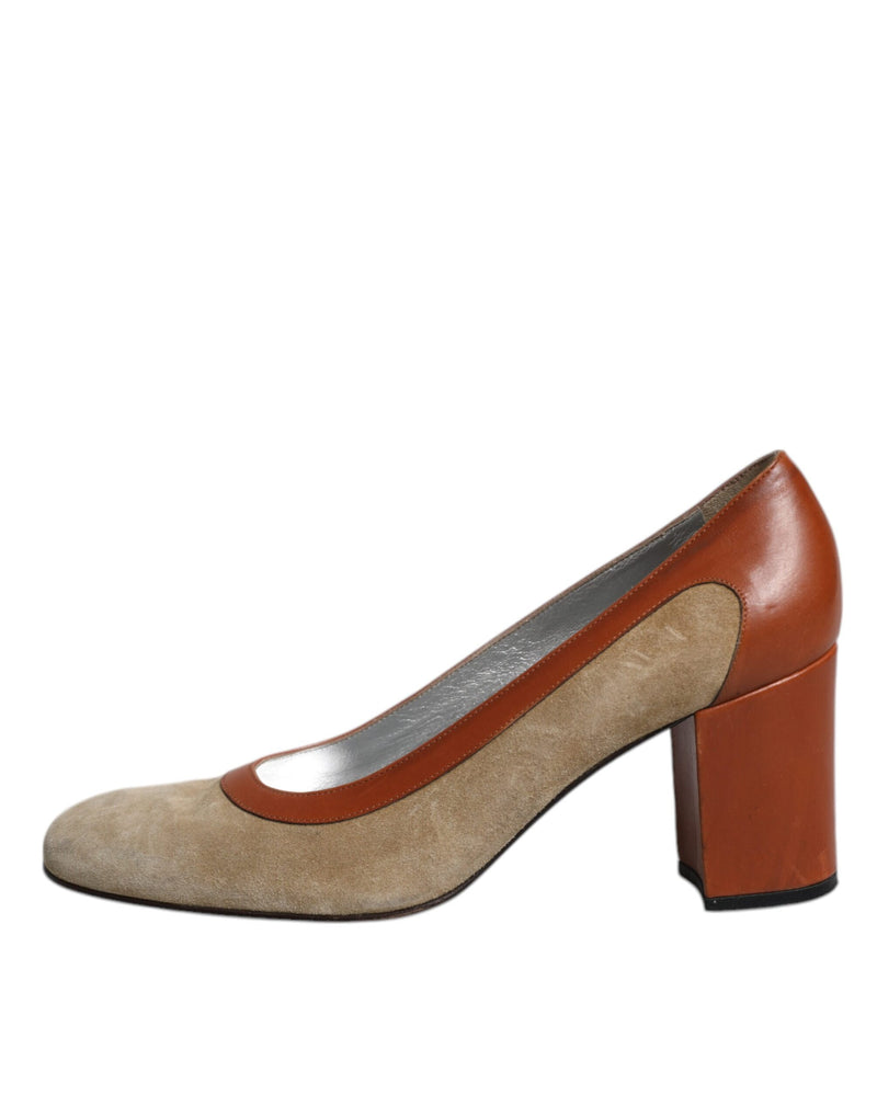 Dolce & Gabbana Beige Brown Leather Block Heels Pumps