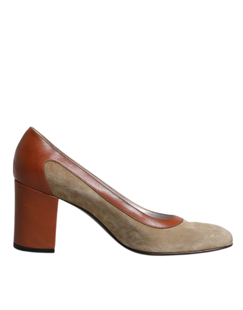 Dolce & Gabbana Beige Brown Leather Block Heels Pumps