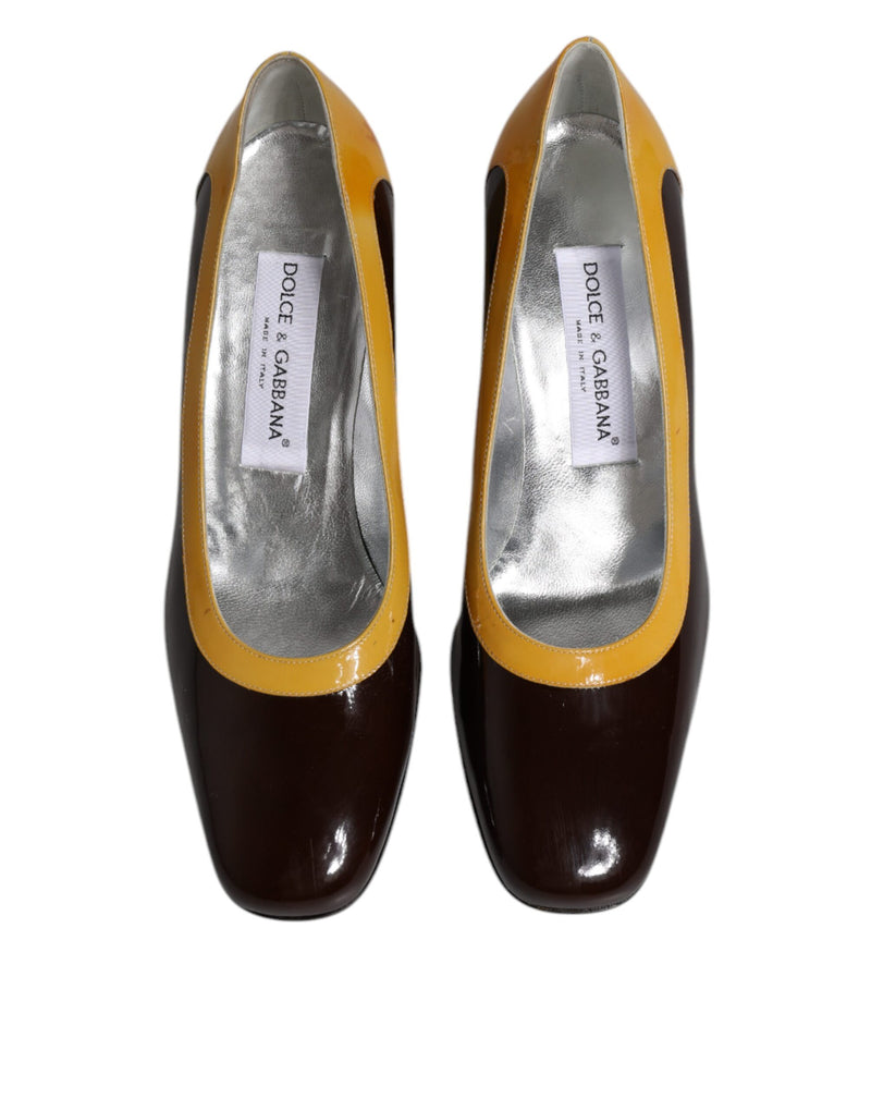 Dolce & Gabbana Yellow Brown Leather Block Heel Pumps