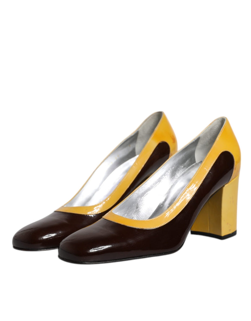 Dolce & Gabbana Yellow Brown Leather Block Heel Pumps