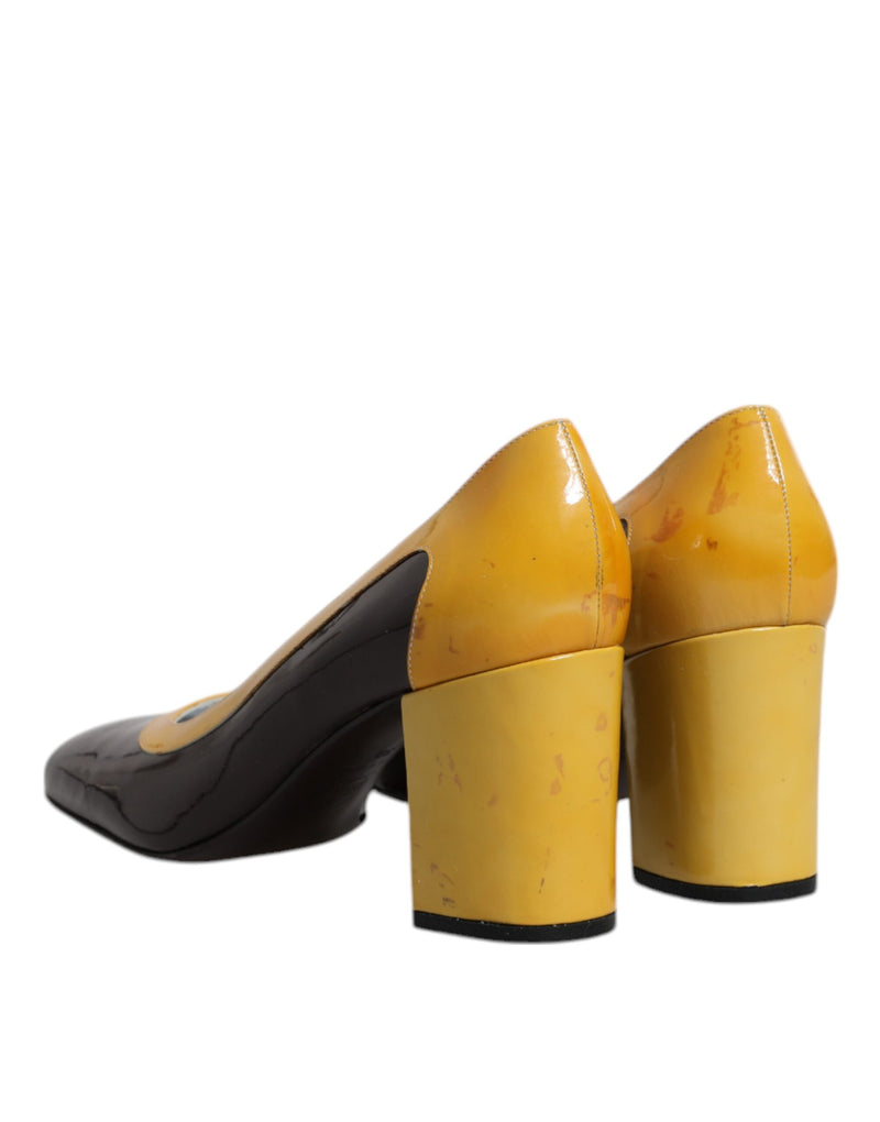 Dolce & Gabbana Yellow Brown Leather Block Heel Pumps