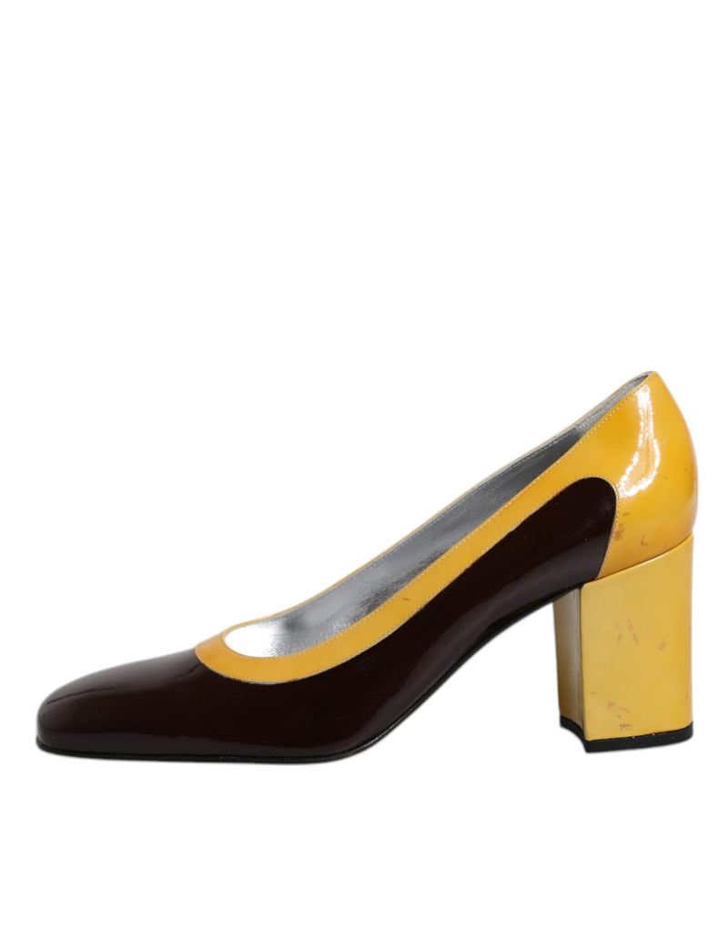 Dolce & Gabbana Yellow Brown Leather Block Heel Pumps