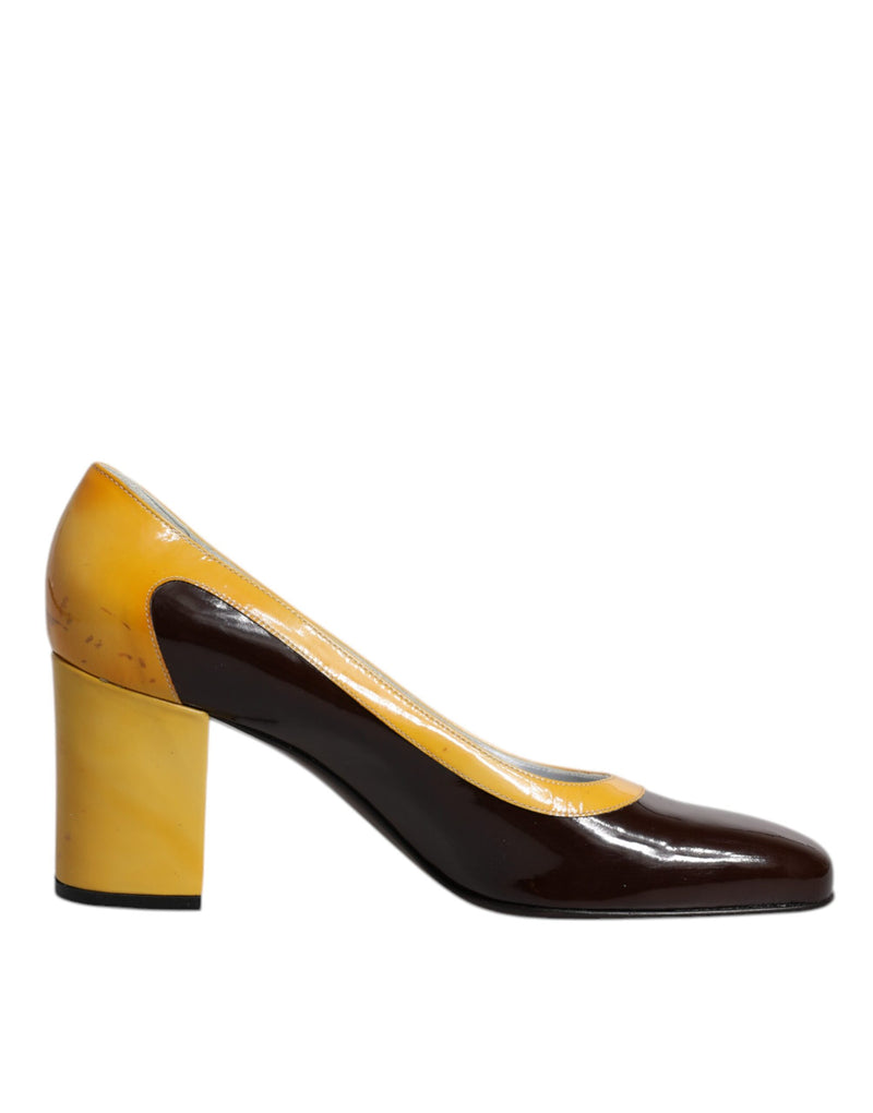 Dolce & Gabbana Yellow Brown Leather Block Heel Pumps