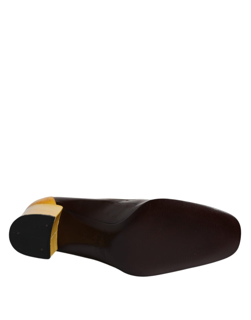 Dolce & Gabbana Yellow Brown Leather Block Heel Pumps