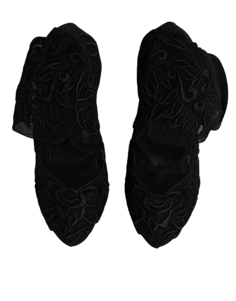 Dolce & Gabbana Black Tulle Stretch Heels Mid Calf Boots