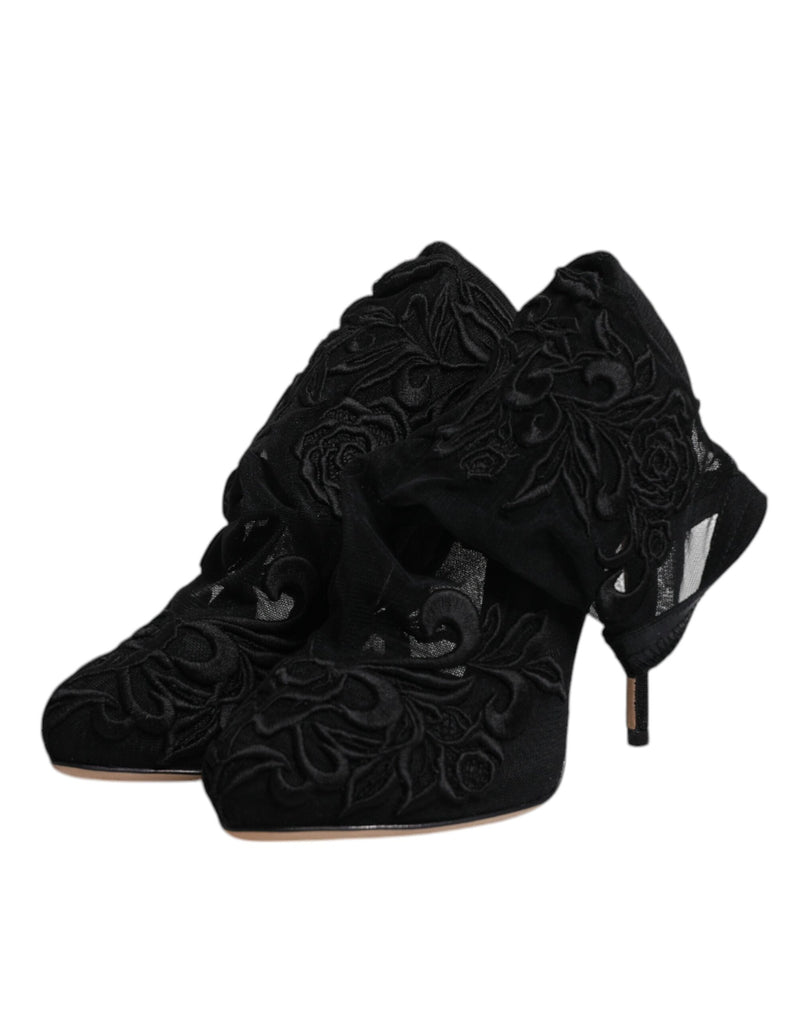 Dolce & Gabbana Black Tulle Stretch Heels Mid Calf Boots