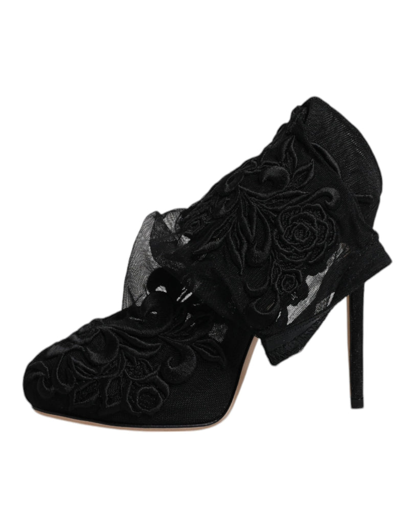 Dolce & Gabbana Black Tulle Stretch Heels Mid Calf Boots