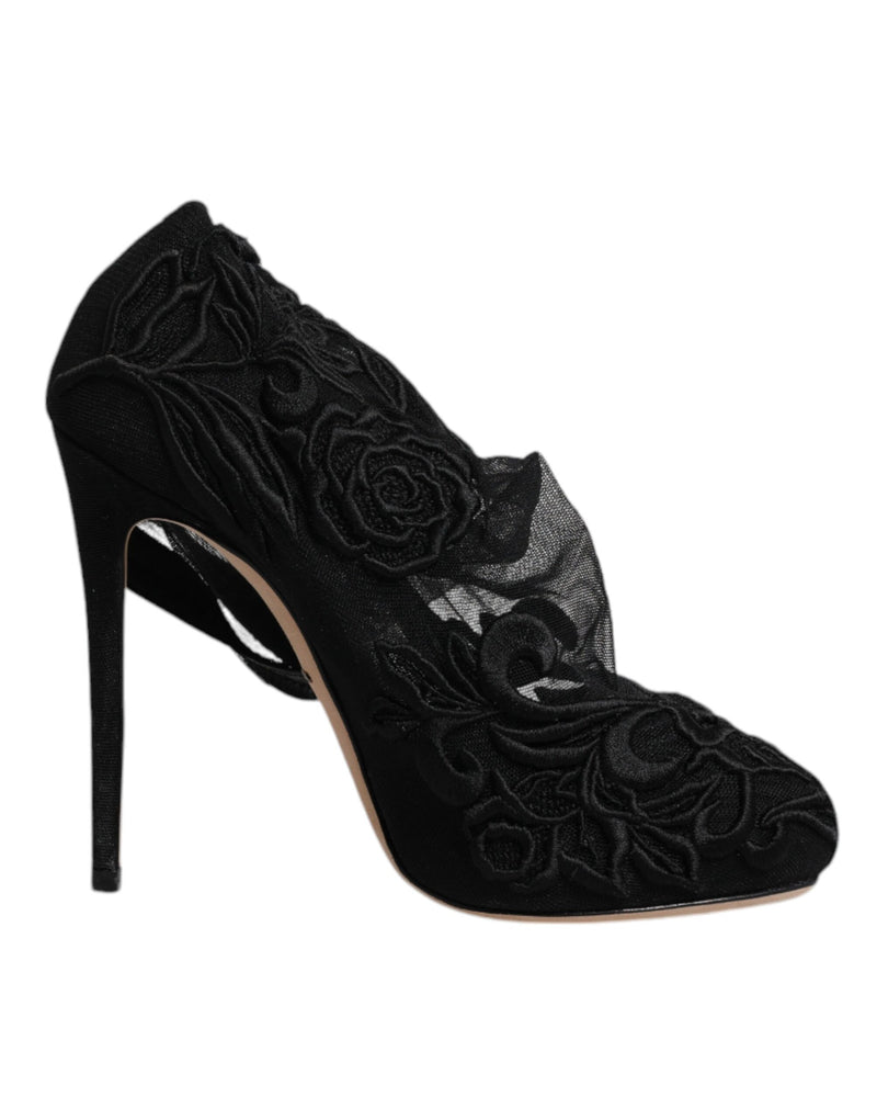 Dolce & Gabbana Black Tulle Stretch Heels Mid Calf Boots