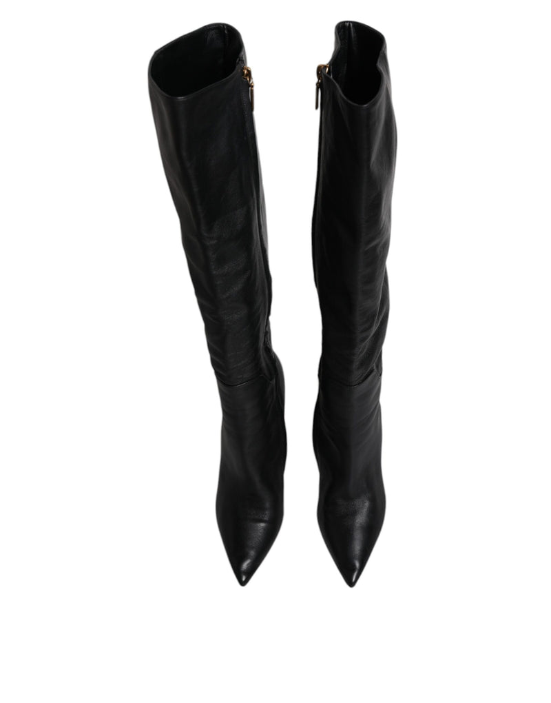 Dolce & Gabbana Black Leather Knee High Heels Boots