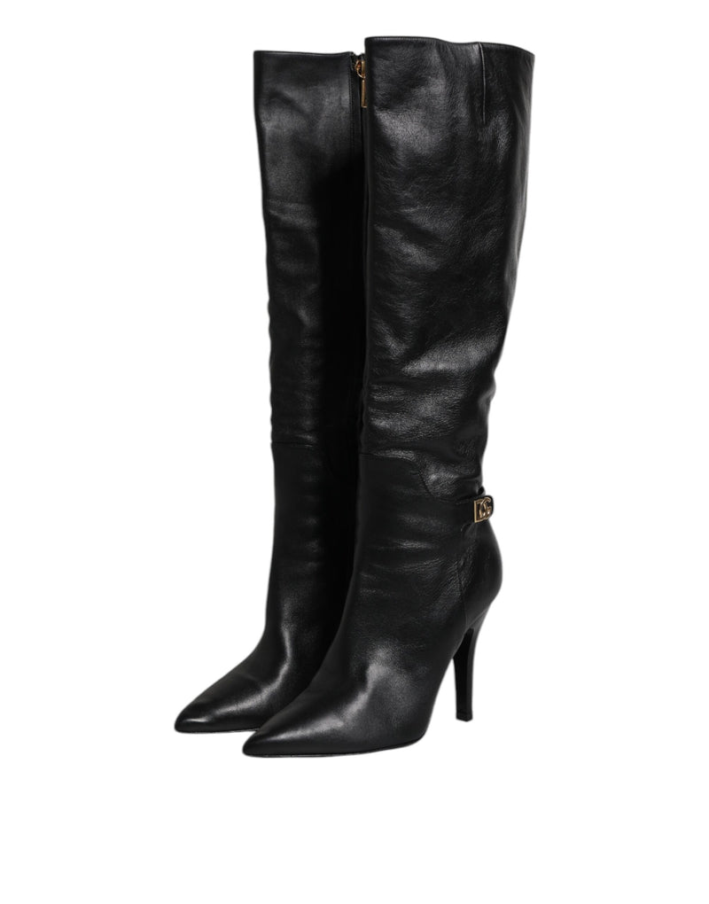 Dolce & Gabbana Black Leather Knee High Heels Boots