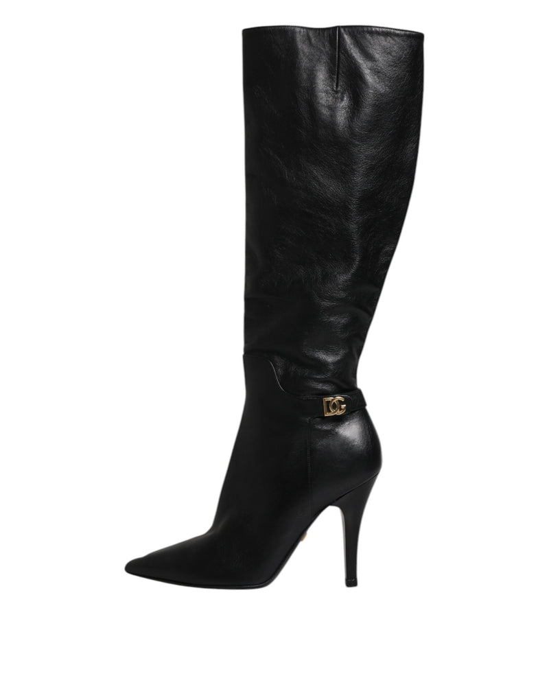 Dolce & Gabbana Black Leather Knee High Heels Boots
