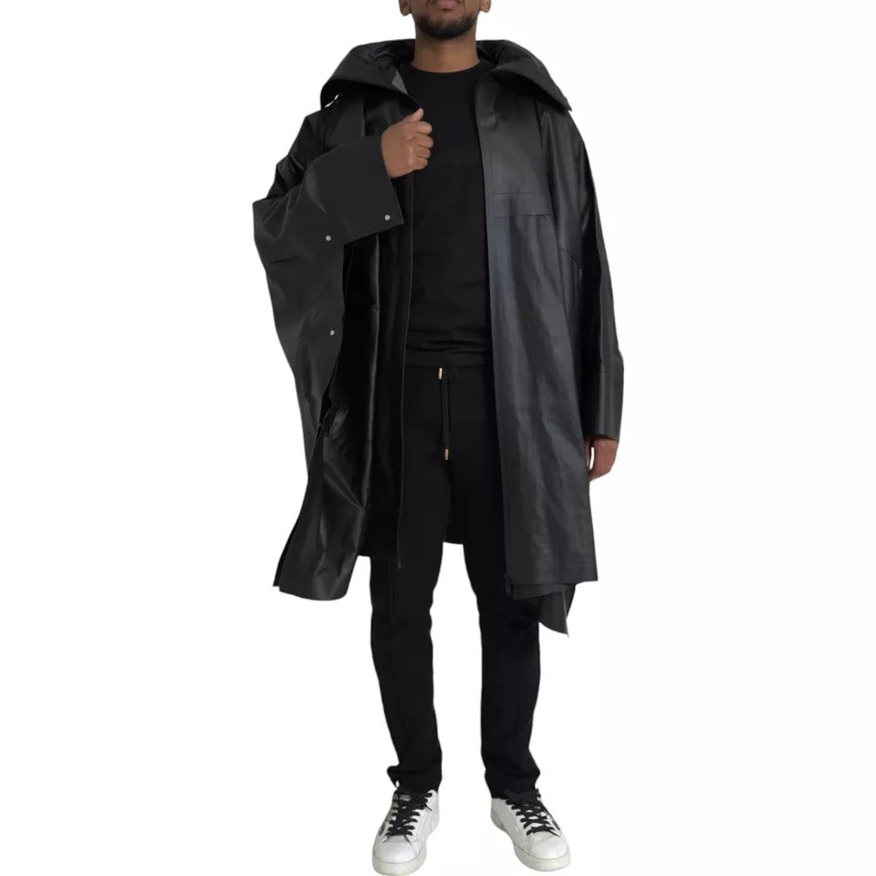Manteau-trencher homme en cuir noir à capuche de Bottega Veneta