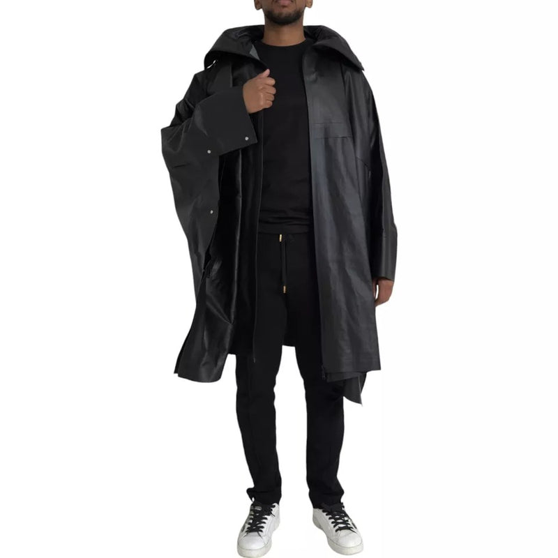 Manteau-trencher homme en cuir noir à capuche de Bottega Veneta