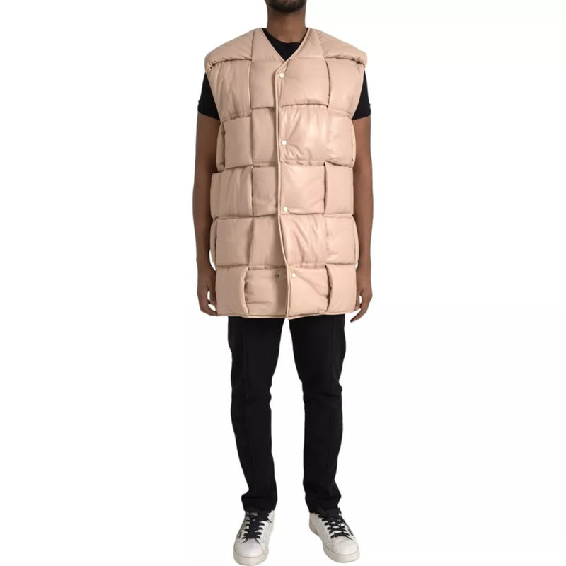 Veste en cuir de veau beige à carreaux et sans manches de Bottega Veneta