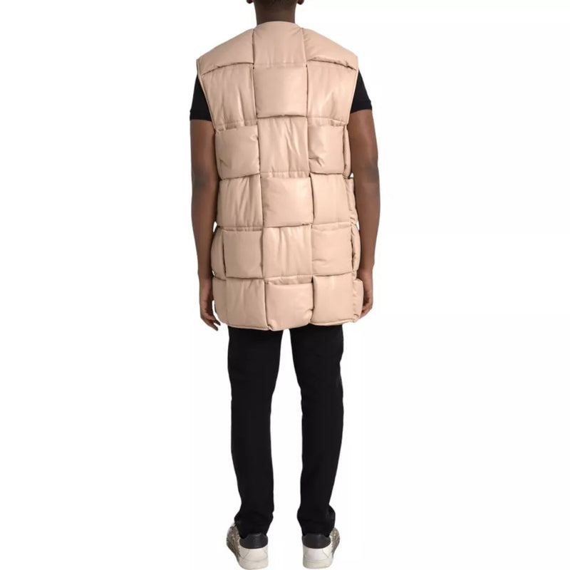 Veste en cuir de veau beige à carreaux et sans manches de Bottega Veneta