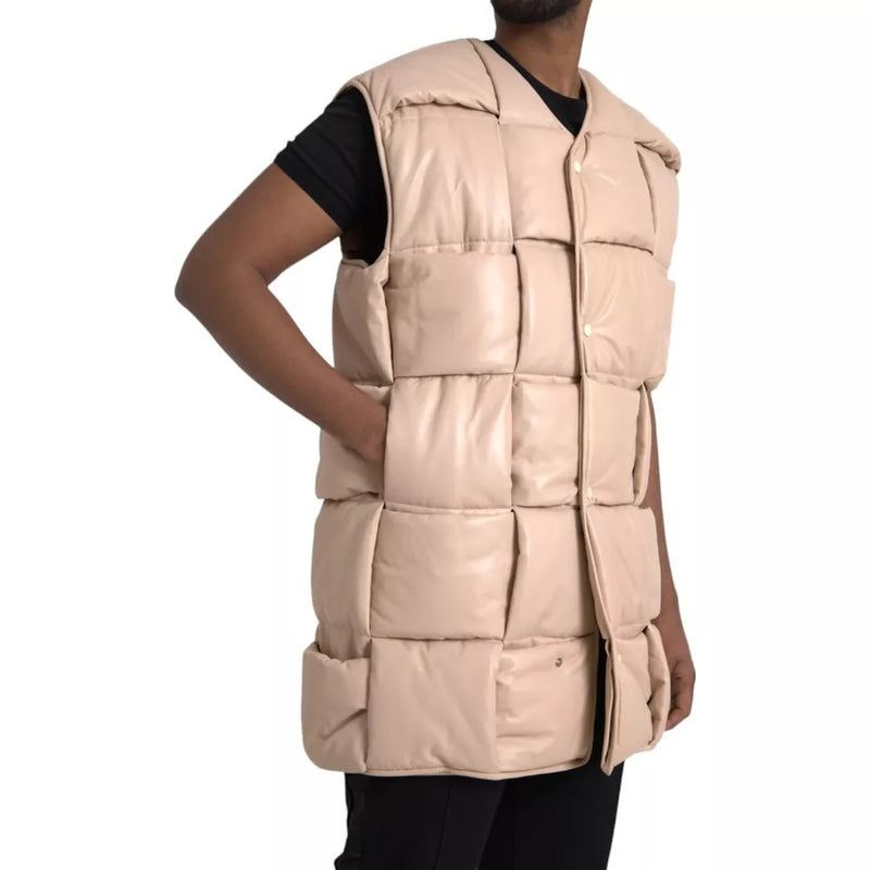 Veste en cuir de veau beige à carreaux et sans manches de Bottega Veneta