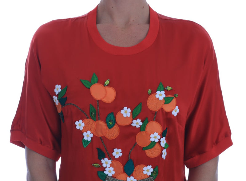 Blouse Dolce &amp; Gabbana en soie rouge à motif floral oranges et cristaux