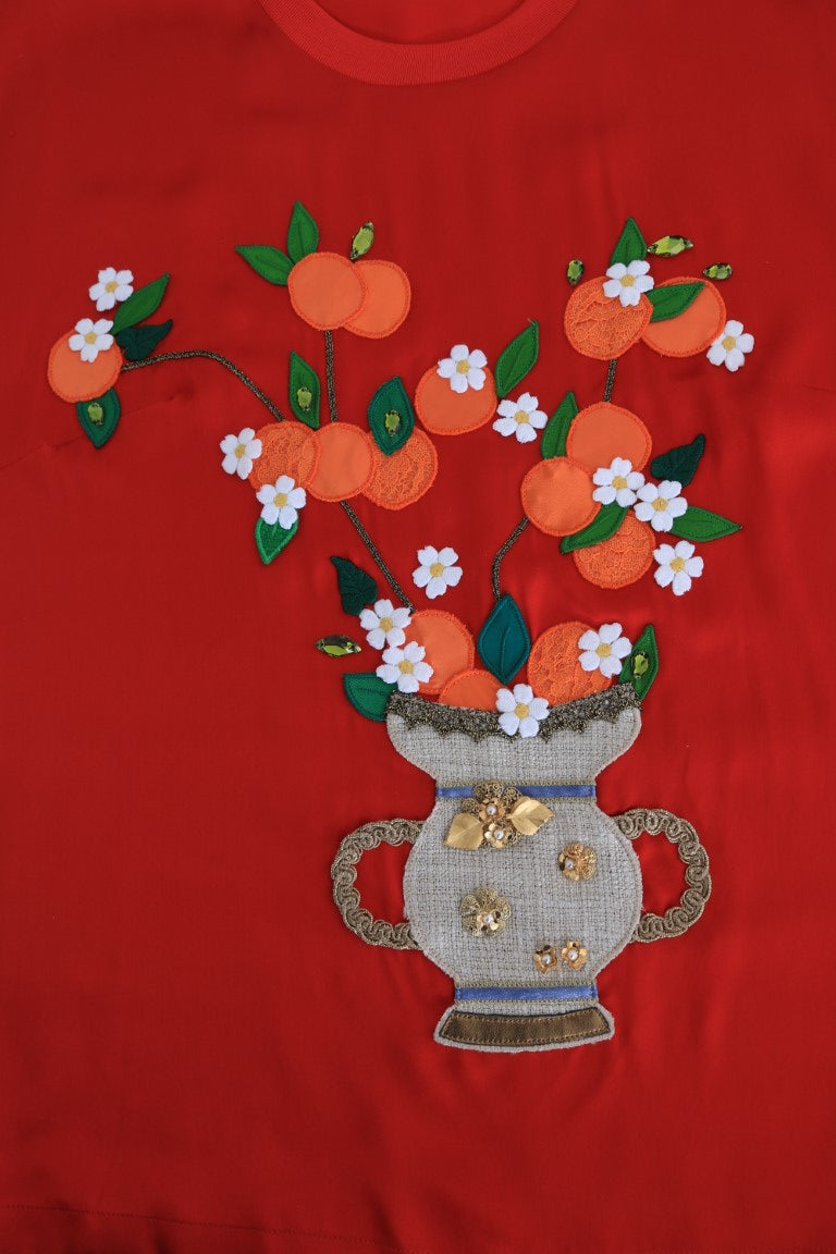 Blouse Dolce &amp; Gabbana en soie rouge à motif floral oranges et cristaux