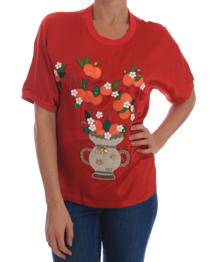 Blouse Dolce &amp; Gabbana en soie rouge à motif floral oranges et cristaux