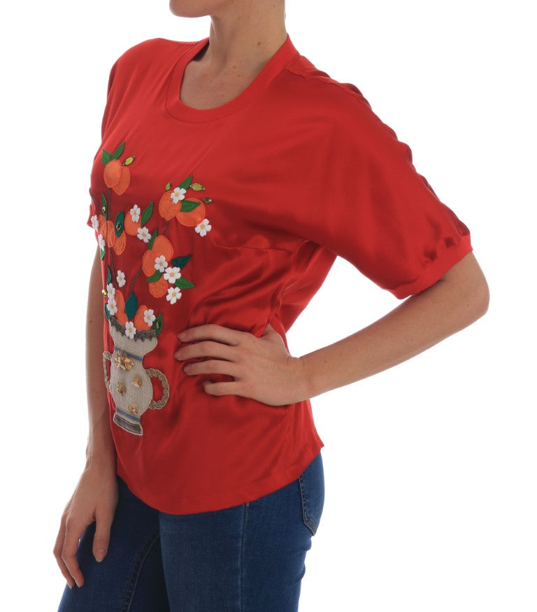 Blouse Dolce &amp; Gabbana en soie rouge à motif floral oranges et cristaux