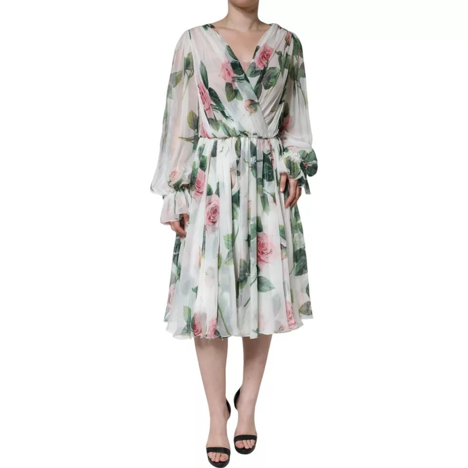 Robe midi trapèze en soie blanche à imprimé floral de Dolce & Gabbana
