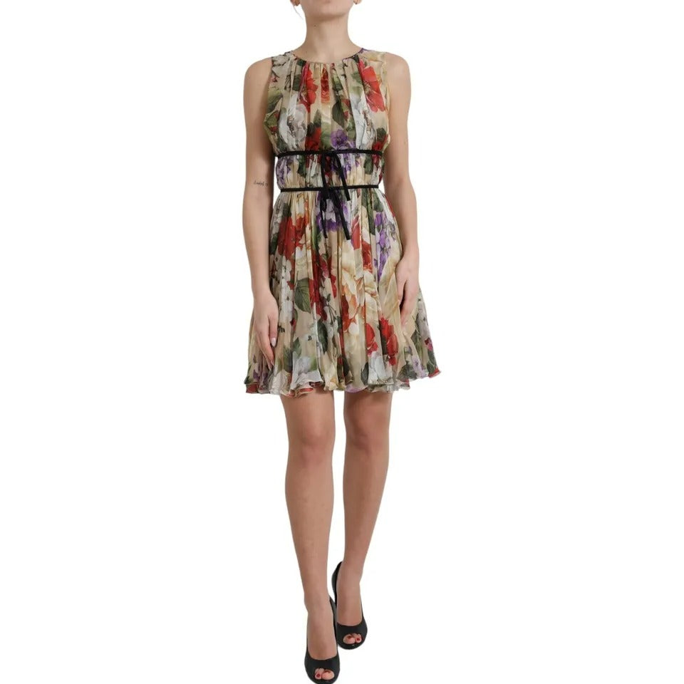 Dolce & Gabbana Beige bloemenprint mouwloze A-lijn minirok