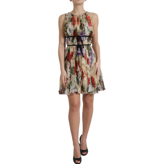 Dolce & Gabbana Beige bloemenprint mouwloze A-lijn minirok