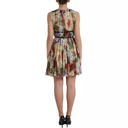 Dolce & Gabbana Beige bloemenprint mouwloze A-lijn minirok