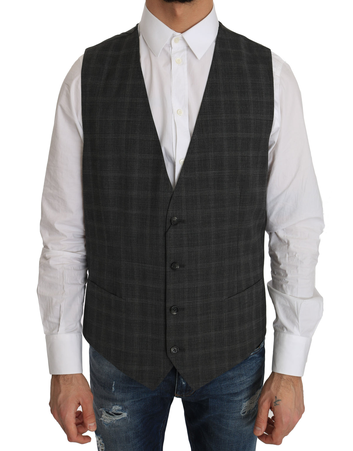 Gilet extensible à carreaux STAFF en laine grise Dolce &amp; Gabbana