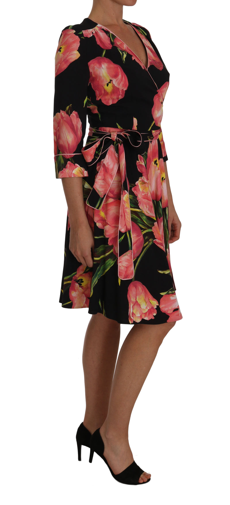 Robe Dolce &amp; Gabbana noire et rose à imprimé tulipes, extensible