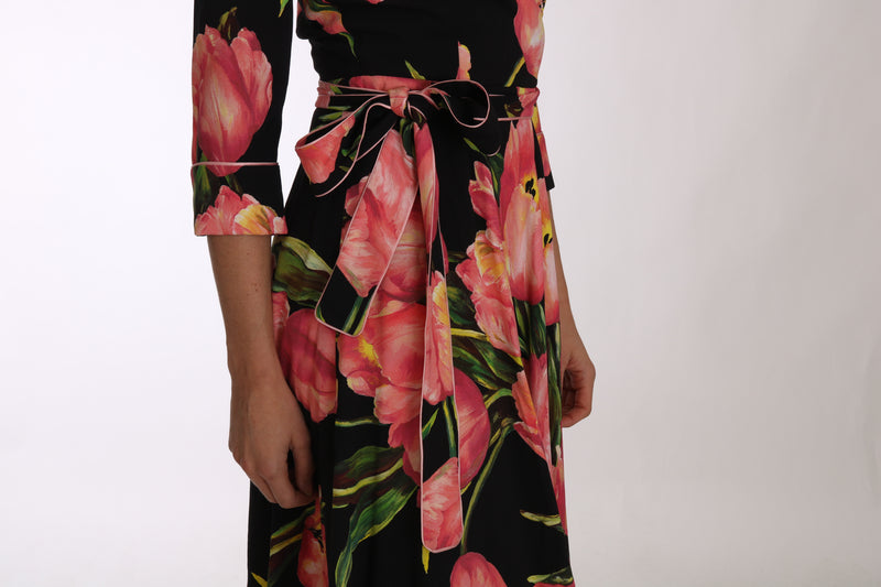 Robe Dolce &amp; Gabbana noire et rose à imprimé tulipes, extensible