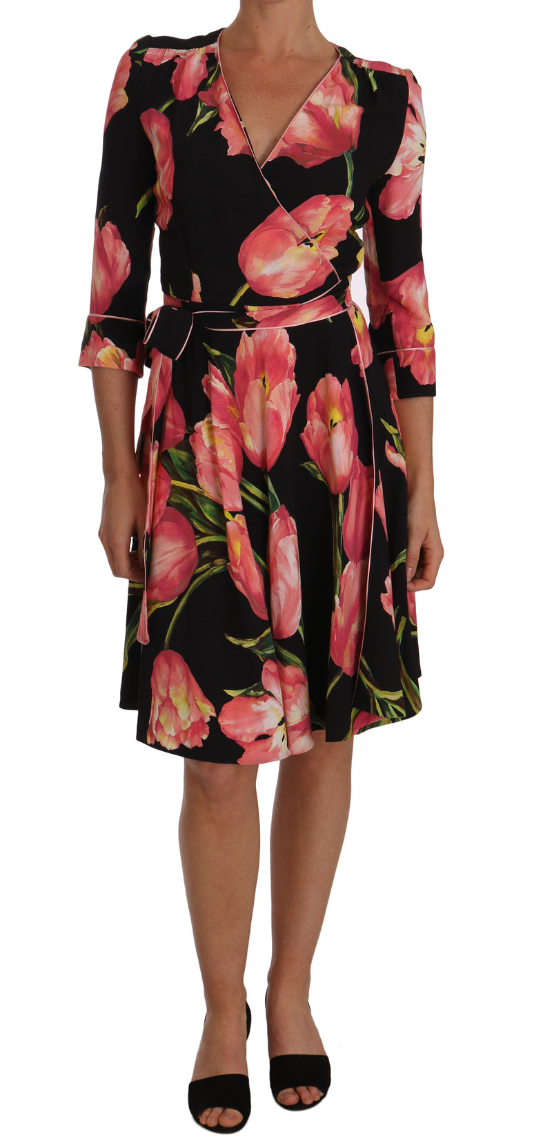 Robe Dolce &amp; Gabbana noire et rose à imprimé tulipes, extensible