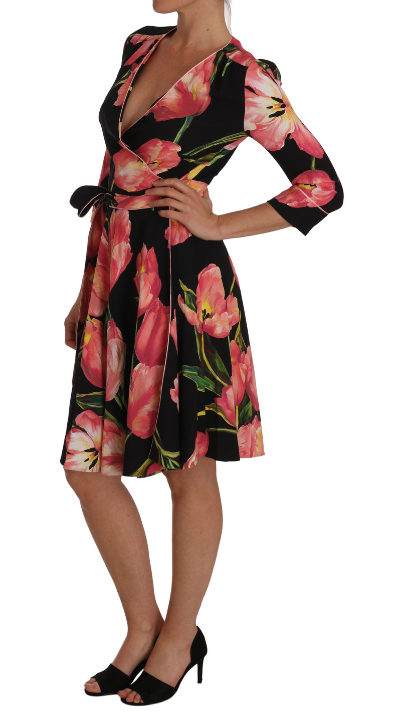 Robe Dolce &amp; Gabbana noire et rose à imprimé tulipes, extensible