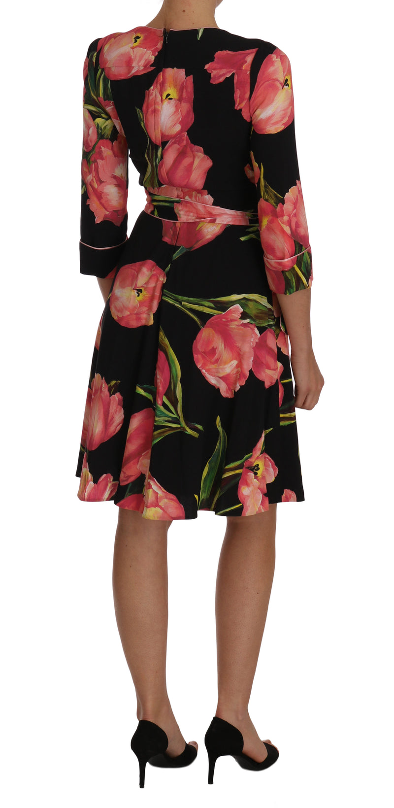 Robe Dolce &amp; Gabbana noire et rose à imprimé tulipes, extensible