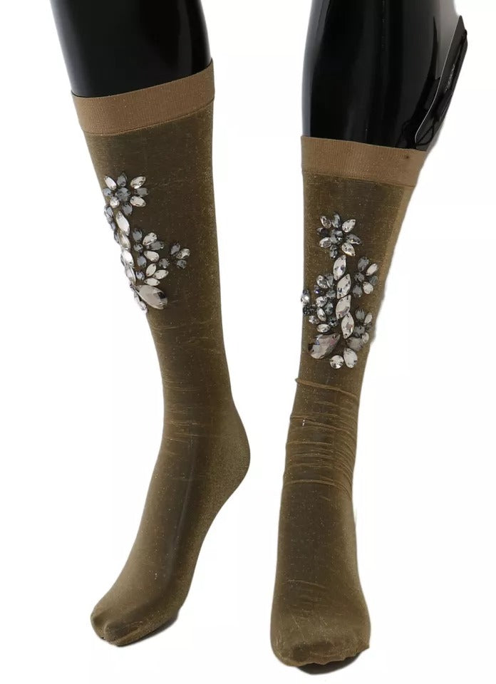 Dolce & Gabbana Gold Stretch Floral Crystal Stocking Socks