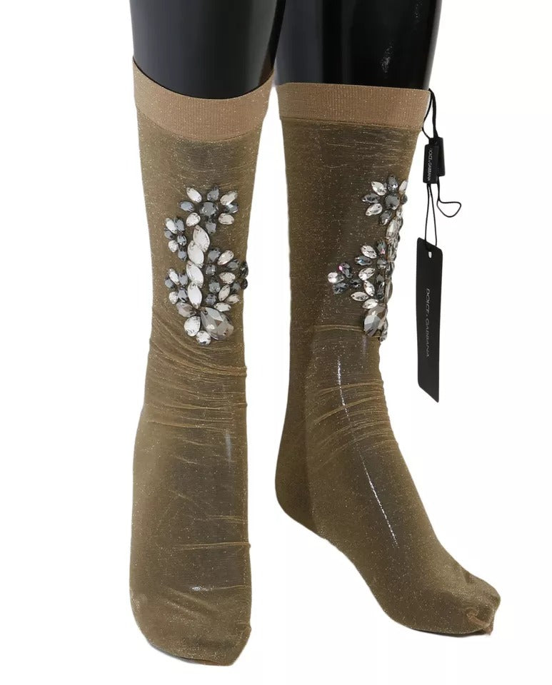 Dolce & Gabbana Gold Stretch Floral Crystal Stocking Socks