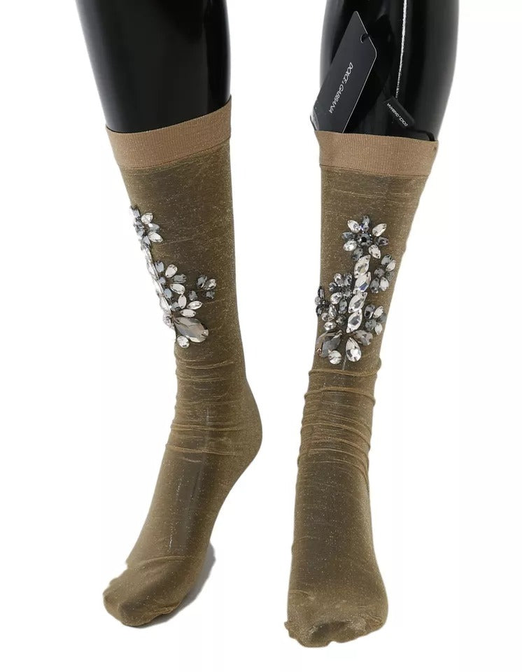 Dolce & Gabbana Gold Stretch Floral Crystal Stocking Socks