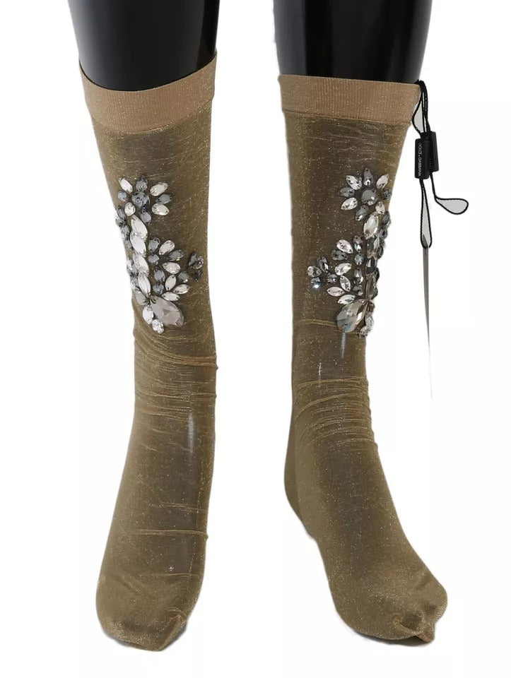 Dolce & Gabbana Gold Stretch Floral Crystal Stocking Socks
