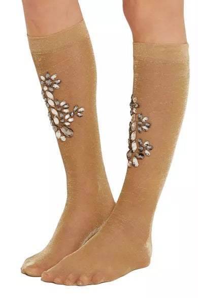Dolce & Gabbana Gold Stretch Floral Crystal Stocking Socks