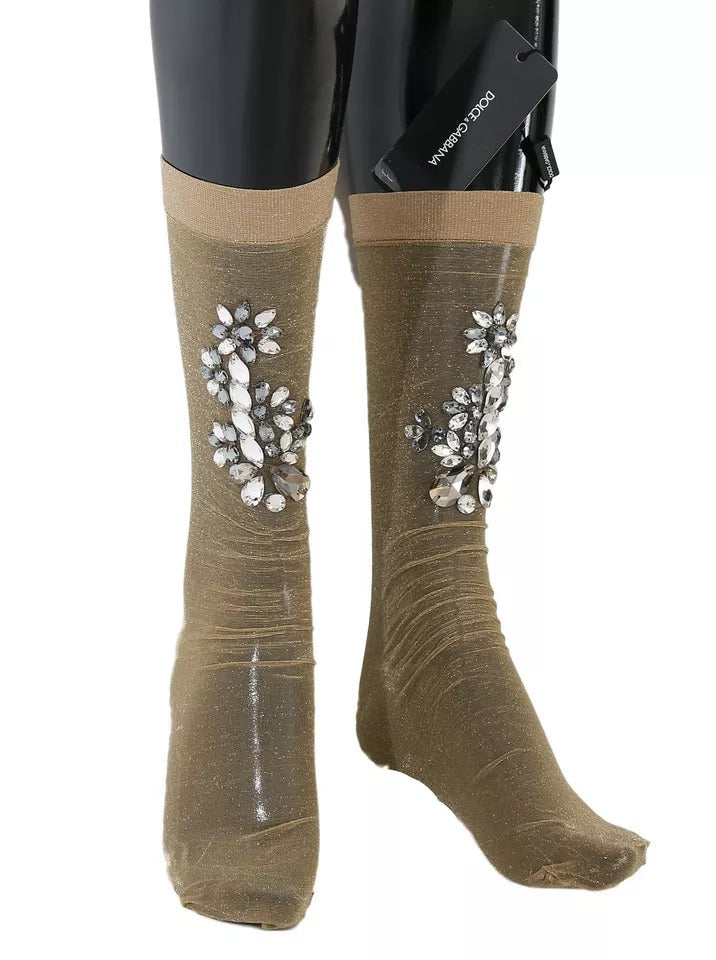 Dolce & Gabbana Gold Stretch Floral Crystal Stocking Socks