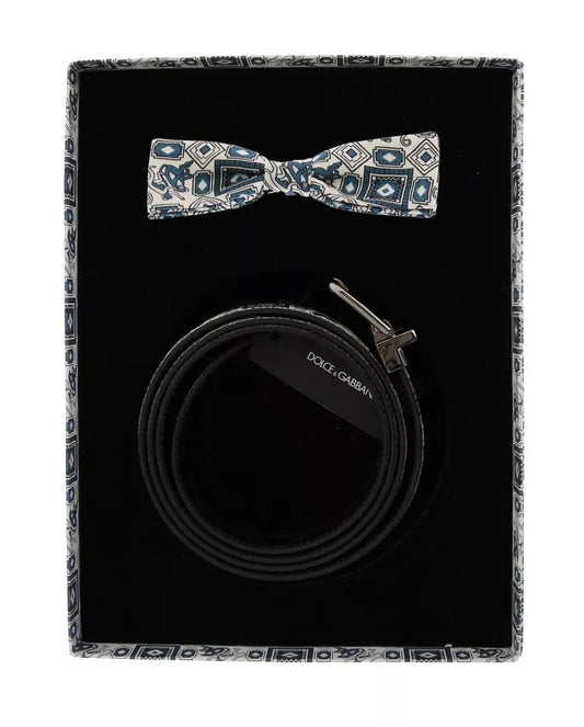 Dolce &amp; Gabbana Witte Blauwe Zijden Strik Leren Riem Cadeauset