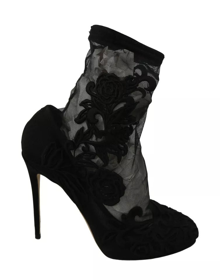 Dolce & Gabbana Black Tulle Stretch Floral Booties