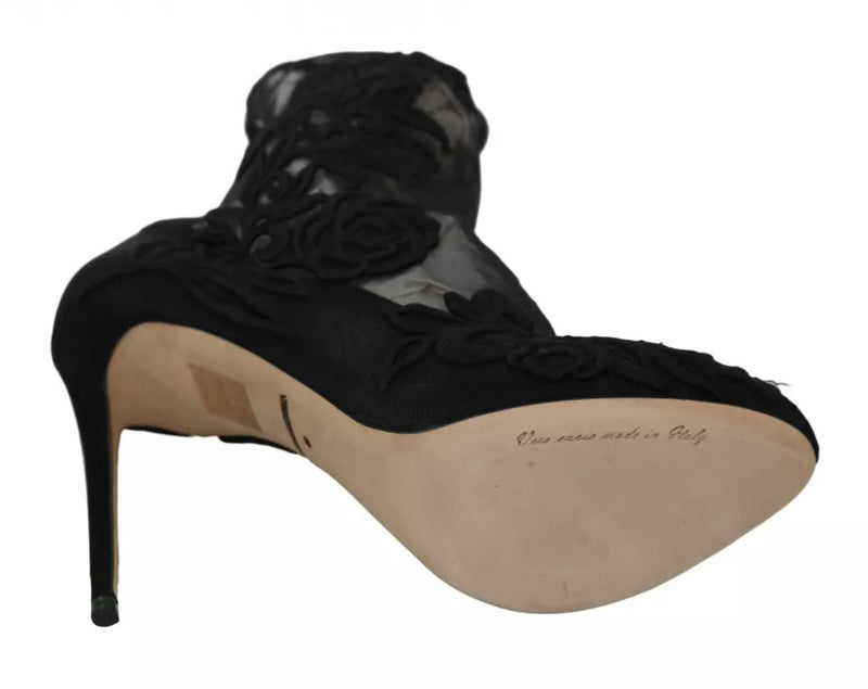 Dolce & Gabbana Black Tulle Stretch Floral Booties