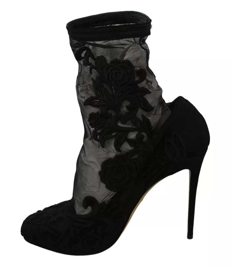 Dolce & Gabbana Black Tulle Stretch Floral Booties