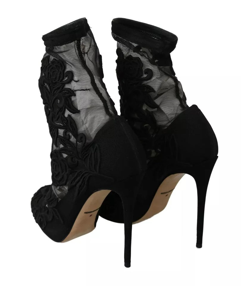 Dolce & Gabbana Black Tulle Stretch Floral Booties