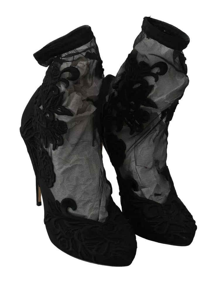 Dolce & Gabbana Black Tulle Stretch Floral Booties