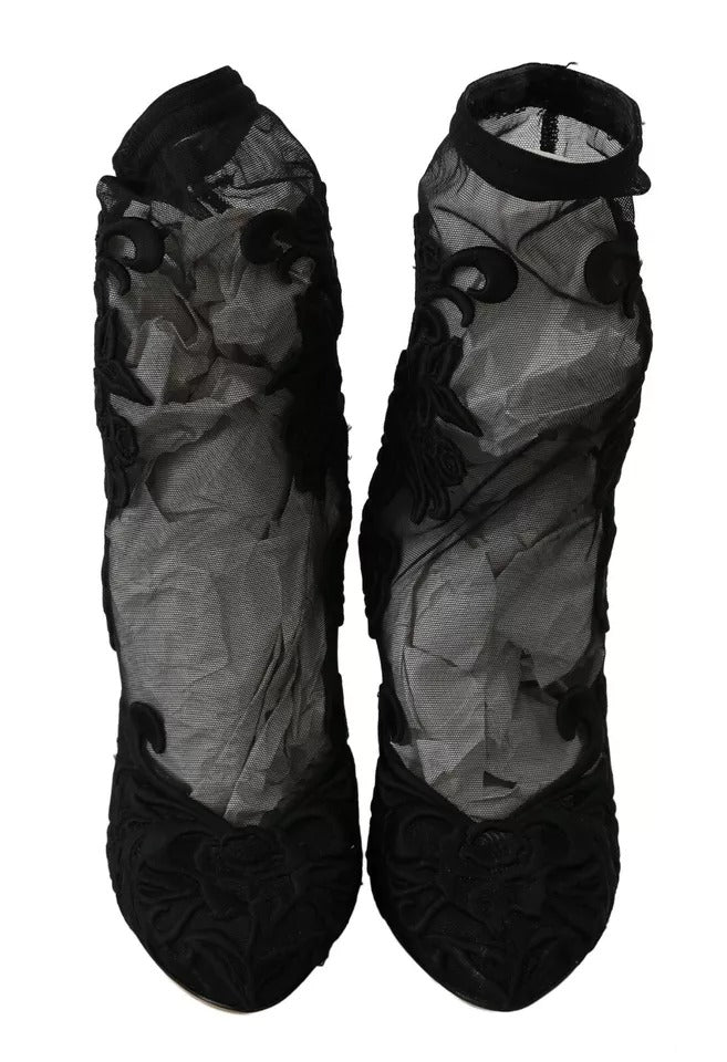 Dolce & Gabbana Black Tulle Stretch Floral Booties